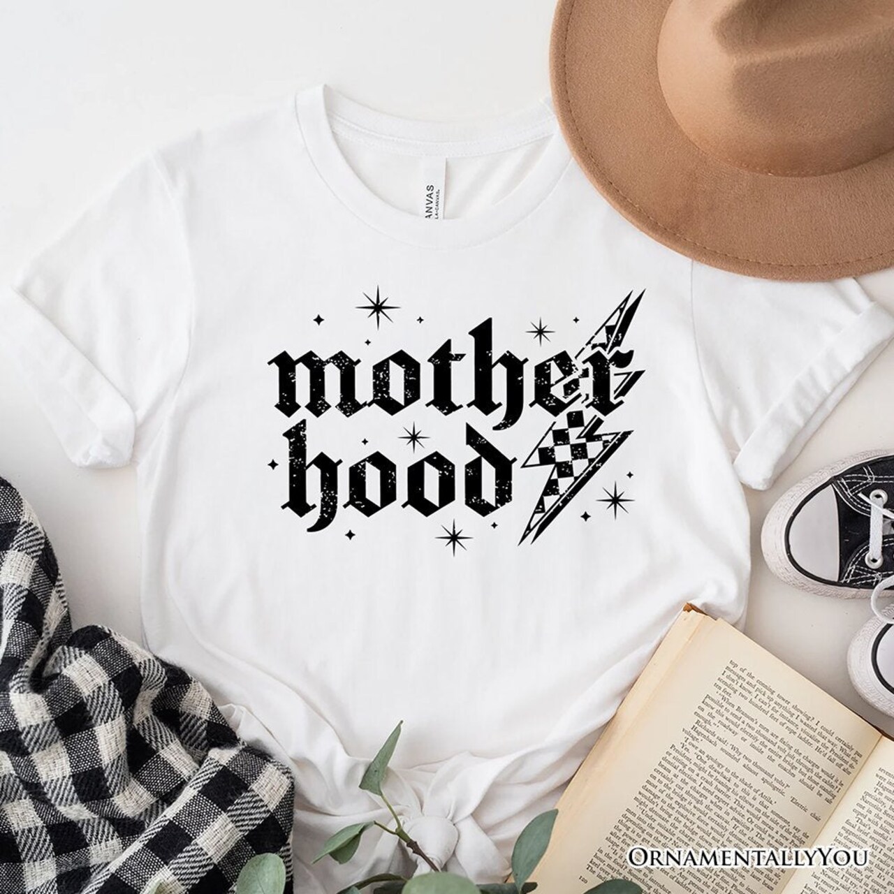 Checkered Motherhood Lightning T-Shirt, Black and White Retro Tee for Strong Mothers